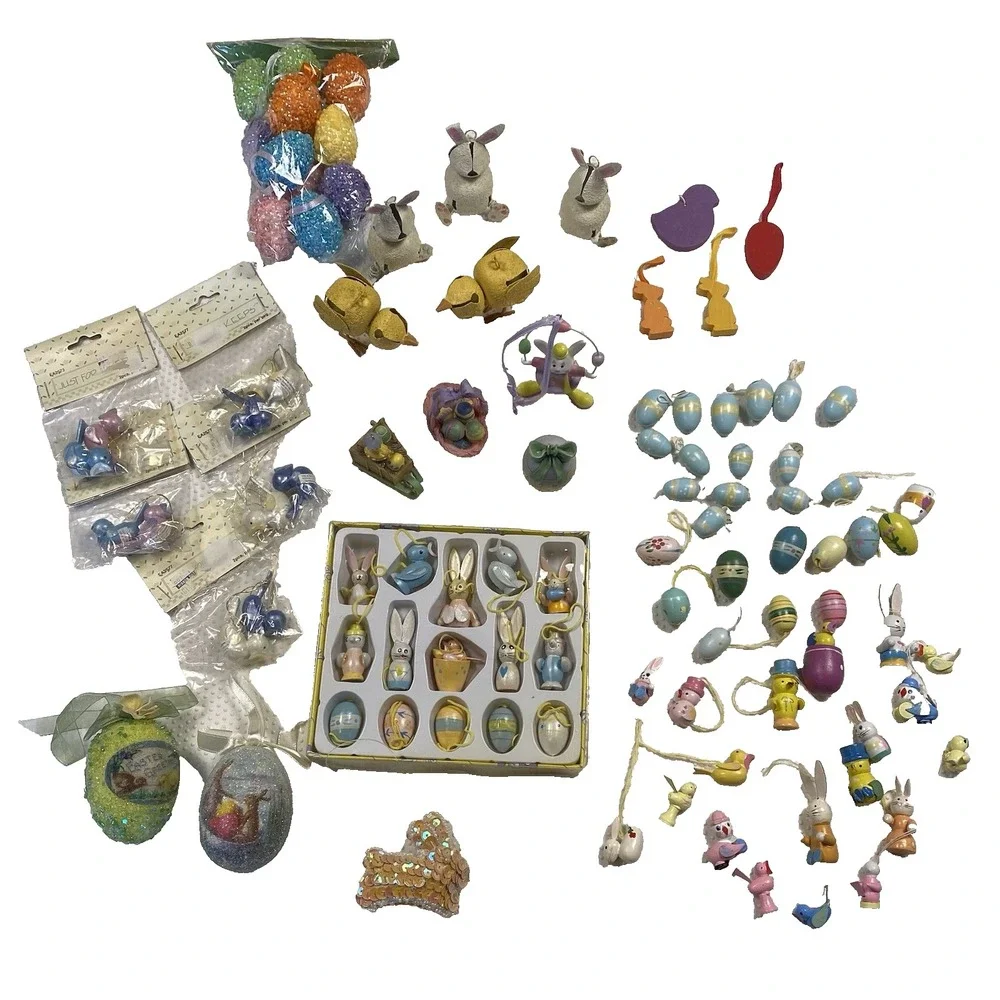 Huge Lot of Vintage Small Easter‎ Ornaments Hand Painted Wooden Resin Eggs Bunny